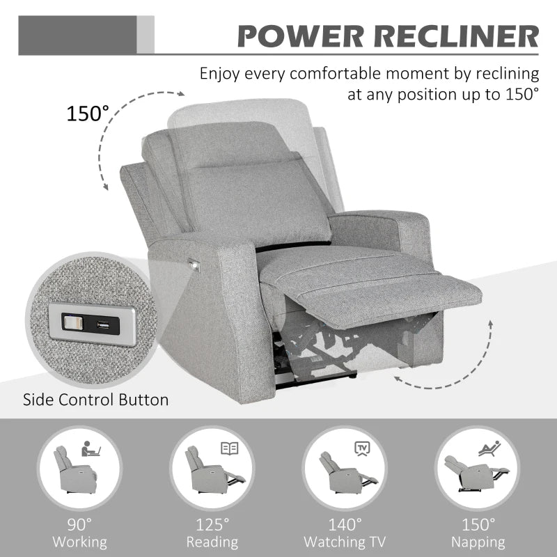 Electric Reclining Chair with USB Port and Footrest - 150° Grey Comfort for Your Living Room