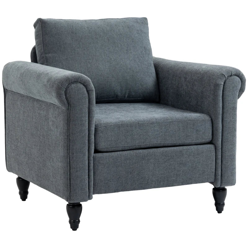 Vintage Upholstered Accent Chair with Back Pillow and Rolled Arms, Grey Fabric, Rubber Wood Legs