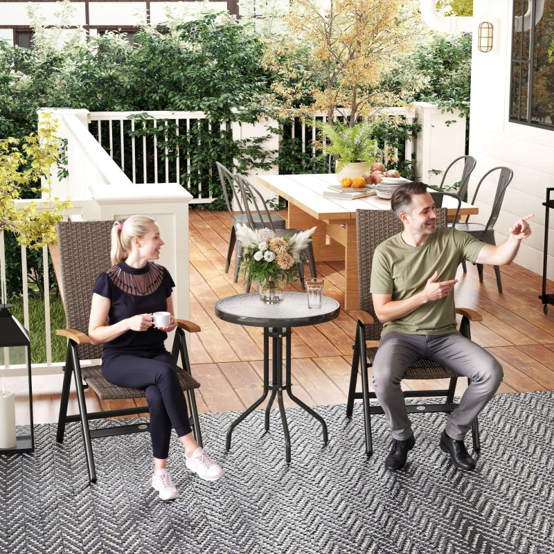2 Piece Folding Rattan Garden Dining Chairs with Reclining High Back and Wood Armrests