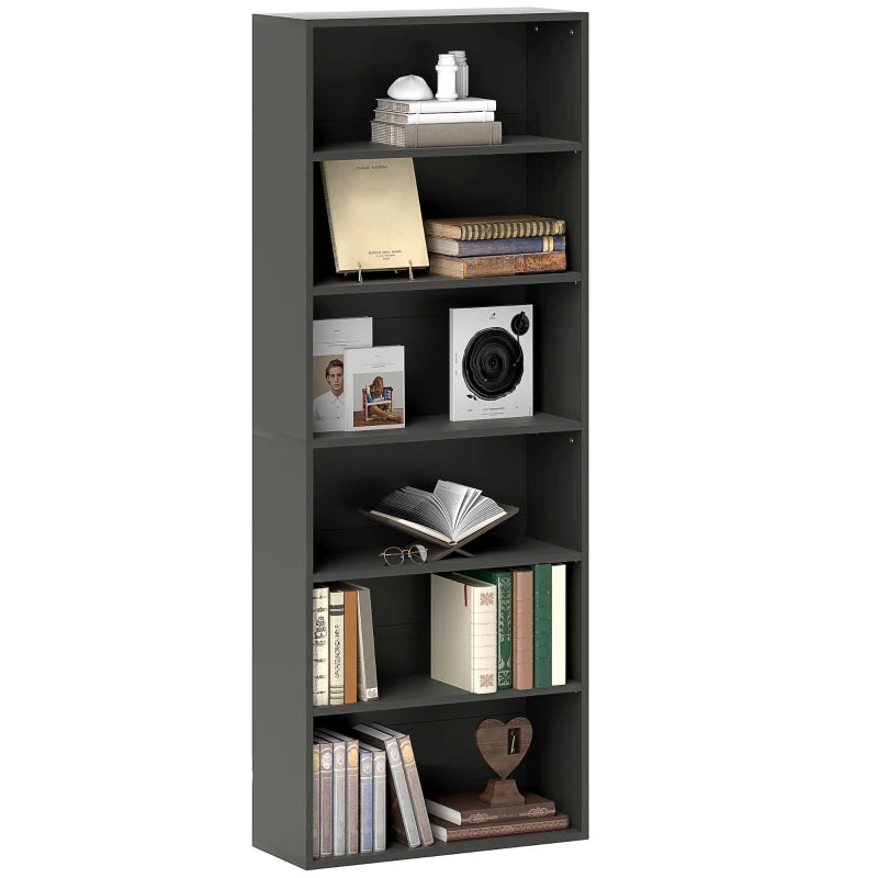 Stylish Black Six Shelf Bookcase - Modern Storage Solution for Home or Office, Perfect for Books and Decor