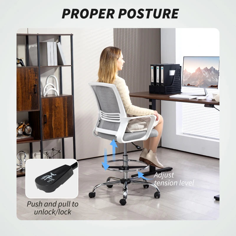 Ergonomic Draughtsman Chair - Mesh Drafting Office Chair with Lumbar Support & Adjustable Foot Ring - Grey