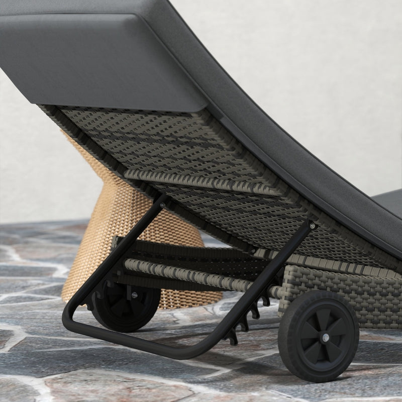 Dark Grey Outdoor PE Rattan Chaise Lounge Chair - Adjustable Backrest Sun Lounger with 2 Wheels, Size: Standard