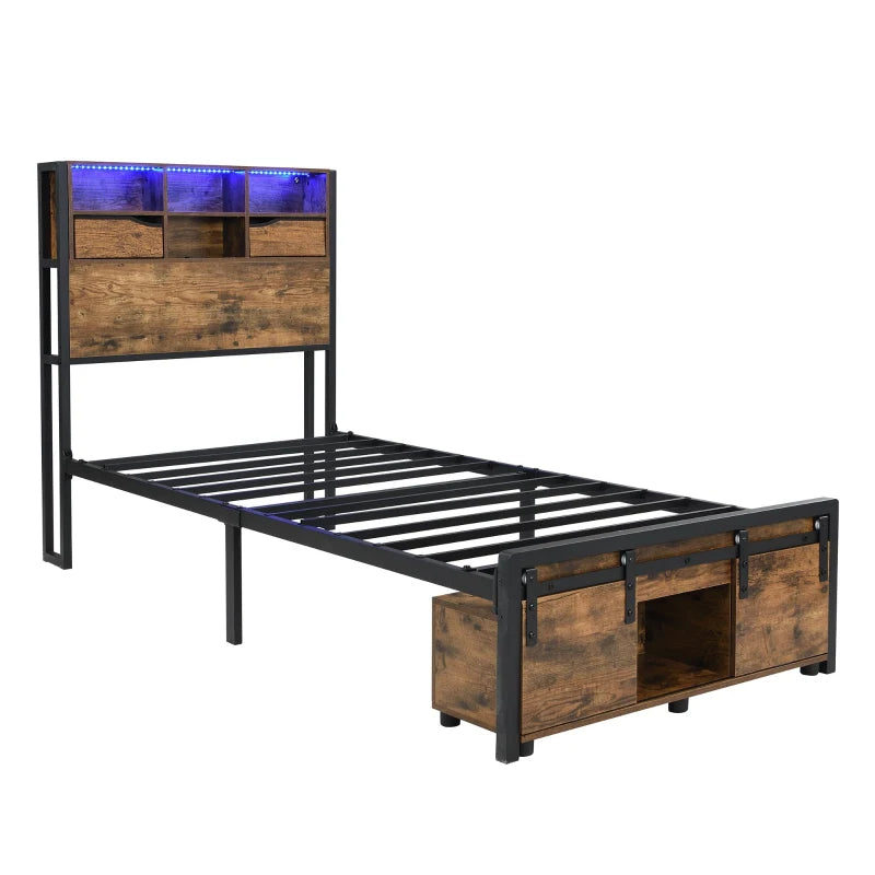 Modern Metal Single Bed with LED Lights & USB Charging Ports, Sturdy Iron Slats, Black & Natural, 209x90.5x114.5 cm