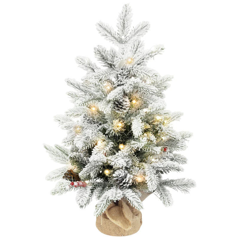 60 cm Prelit Small Christmas Tree - 35 LED Lights, Snow Flocked Mini Xmas Tree with Pine Cones & Berry Clusters
