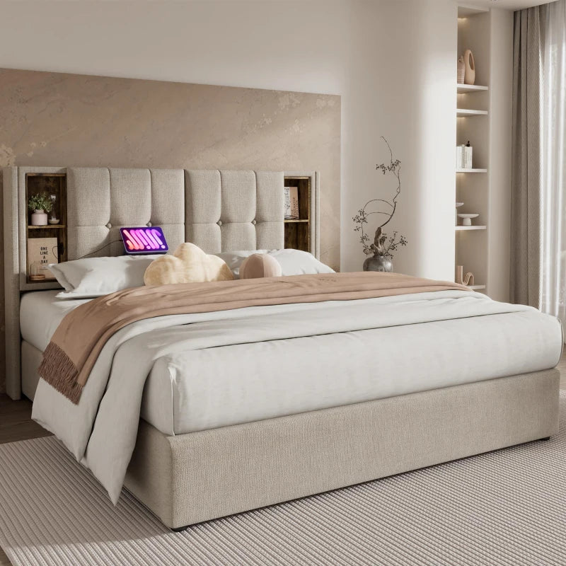 Upholstered Double Bed with Wireless Charging and Hydraulic Storage in Natural Linen Fabric