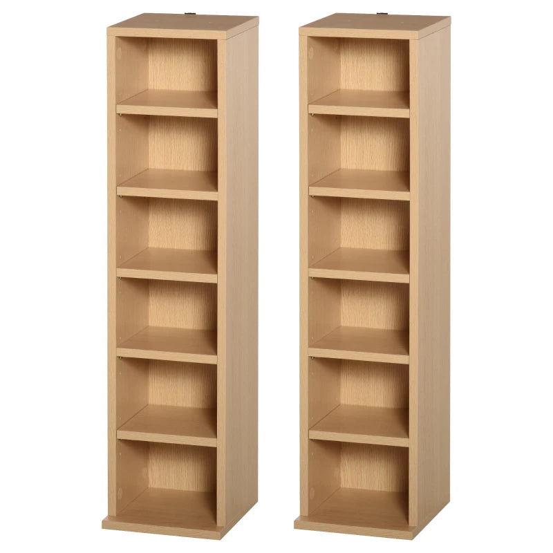 Set of 2 Blu-Ray Tower Rack - Adjustable CD Media Display Shelf Unit, Natural Wood Bookcase Storage Organizer