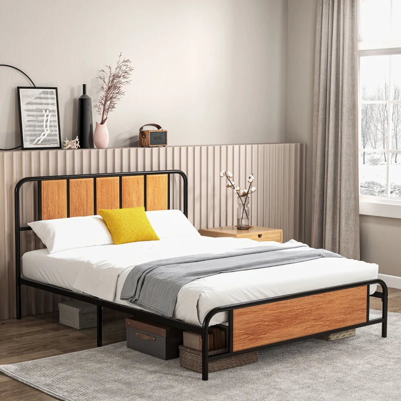 5.2ft King Bed Frame with Industrial Wood Headboard, Steel Slats & 31cm Underbed Storage - Rustic Brown, 160x207cm