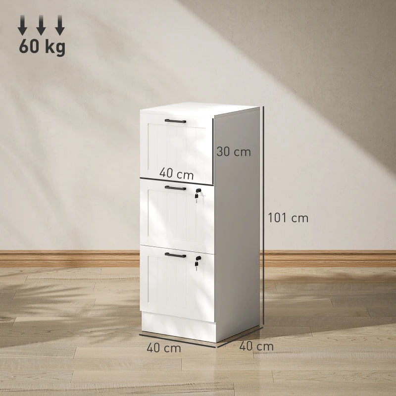 Secure 3 Drawer Filing Cabinet with Lock - Adjustable Hanging Bars for A4 Files - Stylish White Office Storage Solution