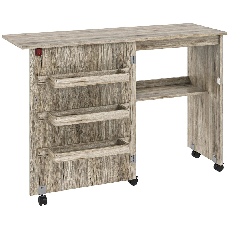 Folding Sewing Table with Drop Leaf & Storage Bins - Rolling Craft Table for Small Spaces, Grey