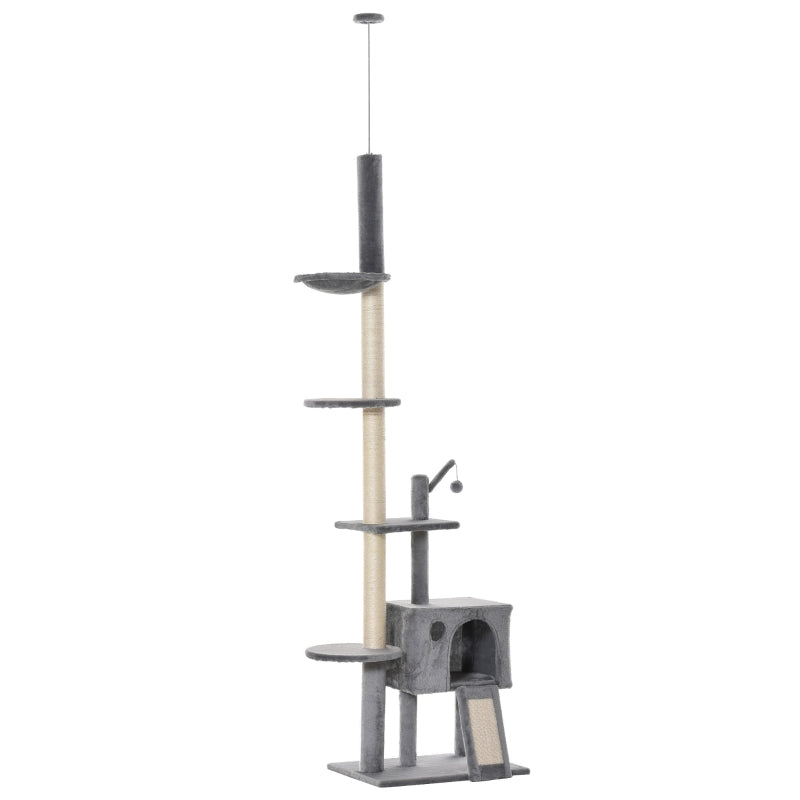 270cm Cat Tree for Indoor Cats - Floor to Ceiling Scratching Post with Hammock & Hanging Ball - Grey Activity Center