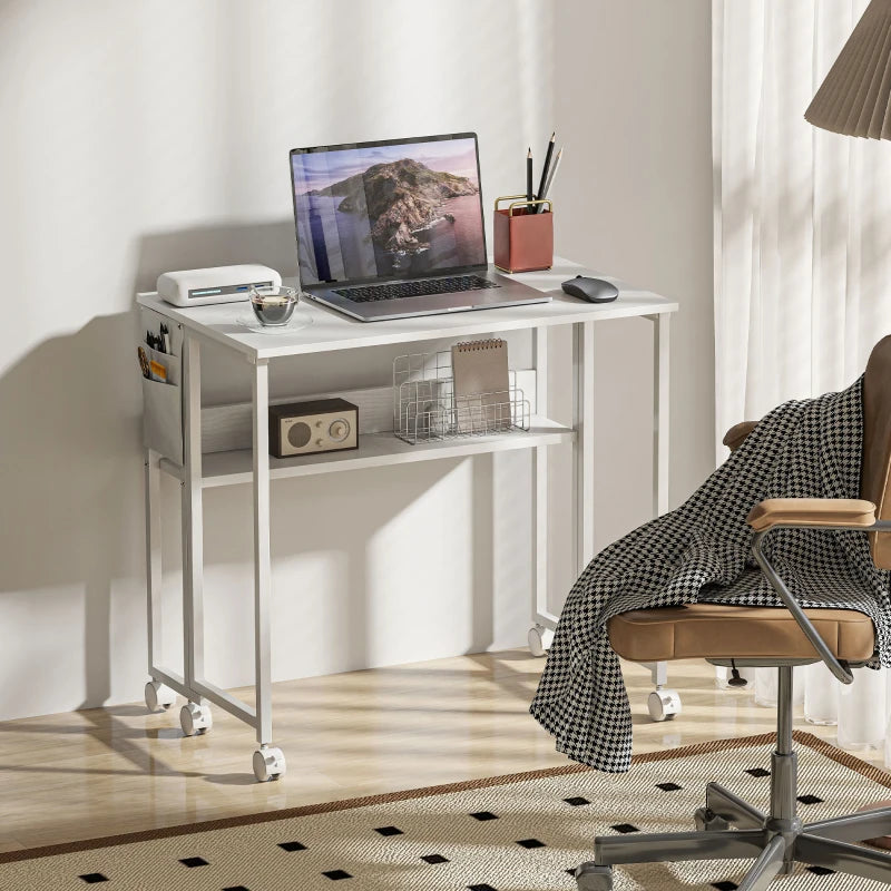 80 cm White Drop Leaf Writing Desk - Compact Home Office Workstation with Versatile Folding Design