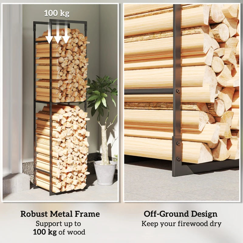 Heavy Duty Metal Firewood Log Holder Rack with Adjustable Shelf - Indoor/Outdoor Fireplace Wood Storage, 45x31x170 cm, Black
