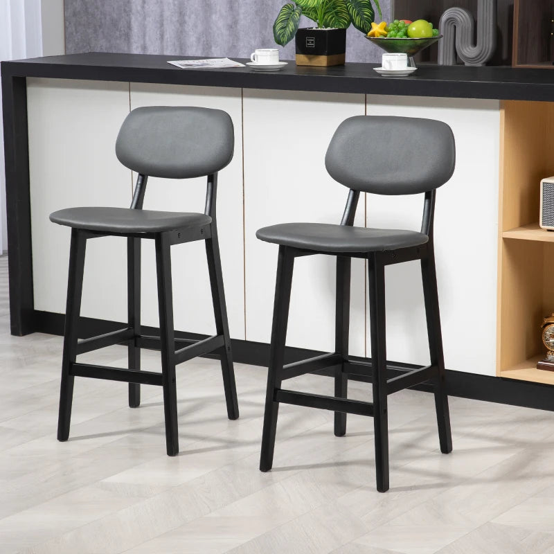Set of 2 Dark Grey Bar Stools - PU Leather Kitchen Chairs with Backs & Footrests, Solid Wood Legs