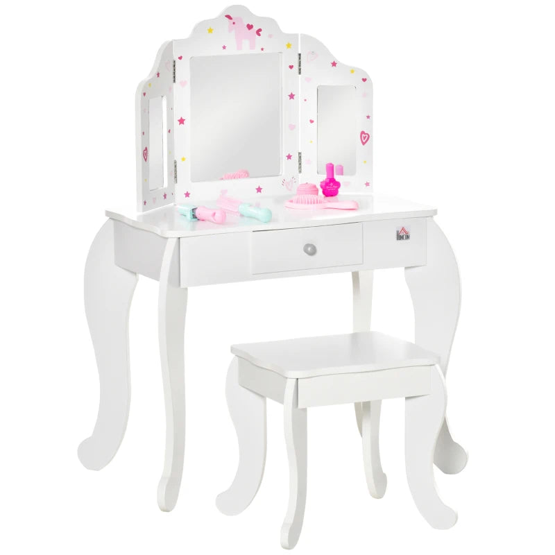 Kids Vanity Table Set with Tri-Folding Mirror and Stool Makeup Dressing Table with Drawer White