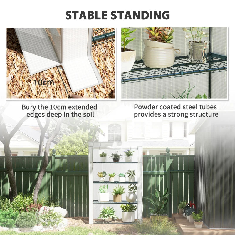 4 Tier Portable Mini Greenhouse - 110 x 50 x 171cm, Grey with Reinforced PE Cover and Roll-Up Door