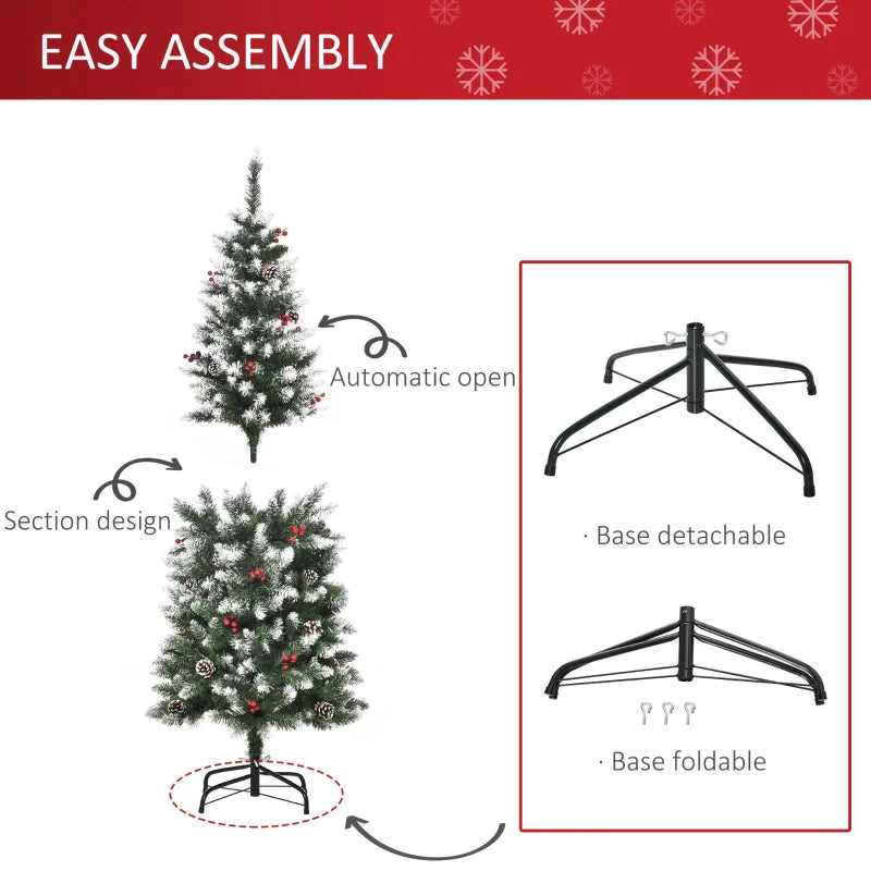5FT Artificial Christmas Pencil Tree with Red Berries & Pinecones - Foldable Indoor Holiday Decoration, Green Xmas Tree