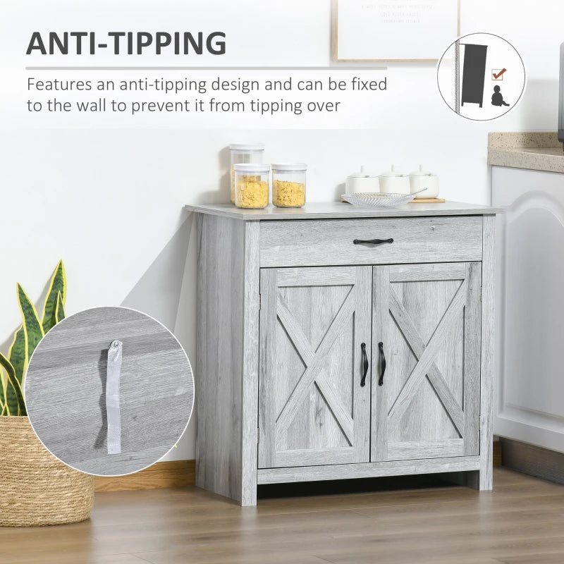 Farmhouse Barn Door Sideboard Storage Cabinet - Grey Grain Coffee Bar for Living Room - Rustic Home Decor