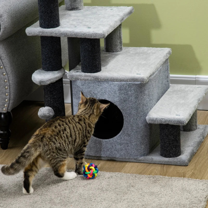 Adjustable Cat Steps with House & Hanging Toy Ball - Grey | Perfect for Cats of All Sizes