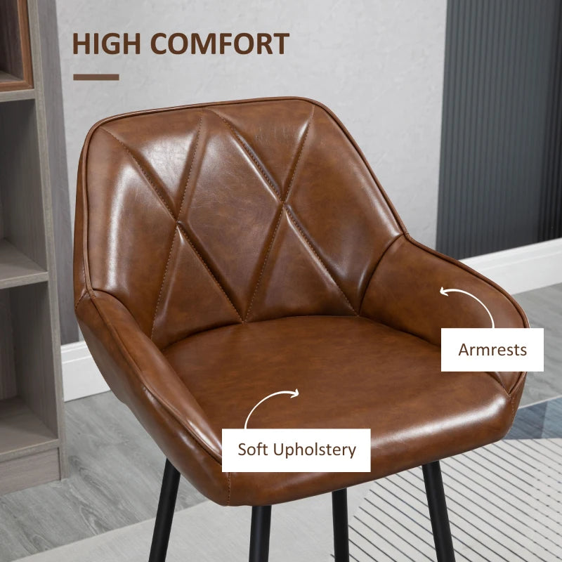 Retro Bar Stools Set of 2 - Stylish Breakfast Bar Chairs with Footrest, Steel Legs, Perfect for Kitchen & Home Bar, Brown