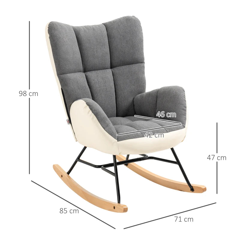 Soft Padded Rocking Wingback Armchair with Wooden Legs in Grey and Cream for Stylish Comfort