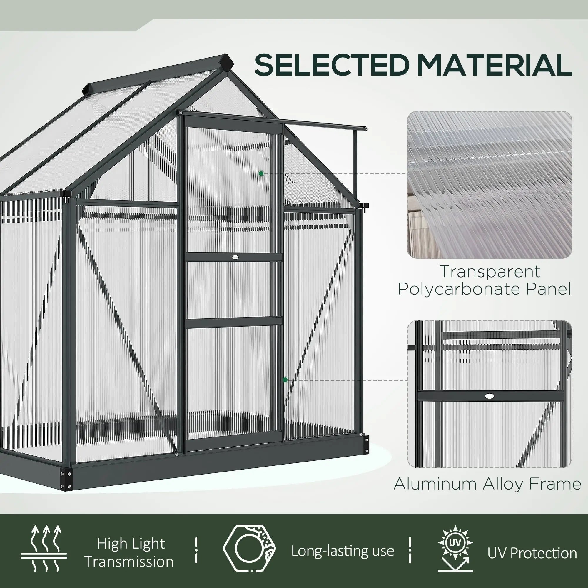 Grey 6ft x 4ft Polycarbonate Greenhouse With Aluminium Frame