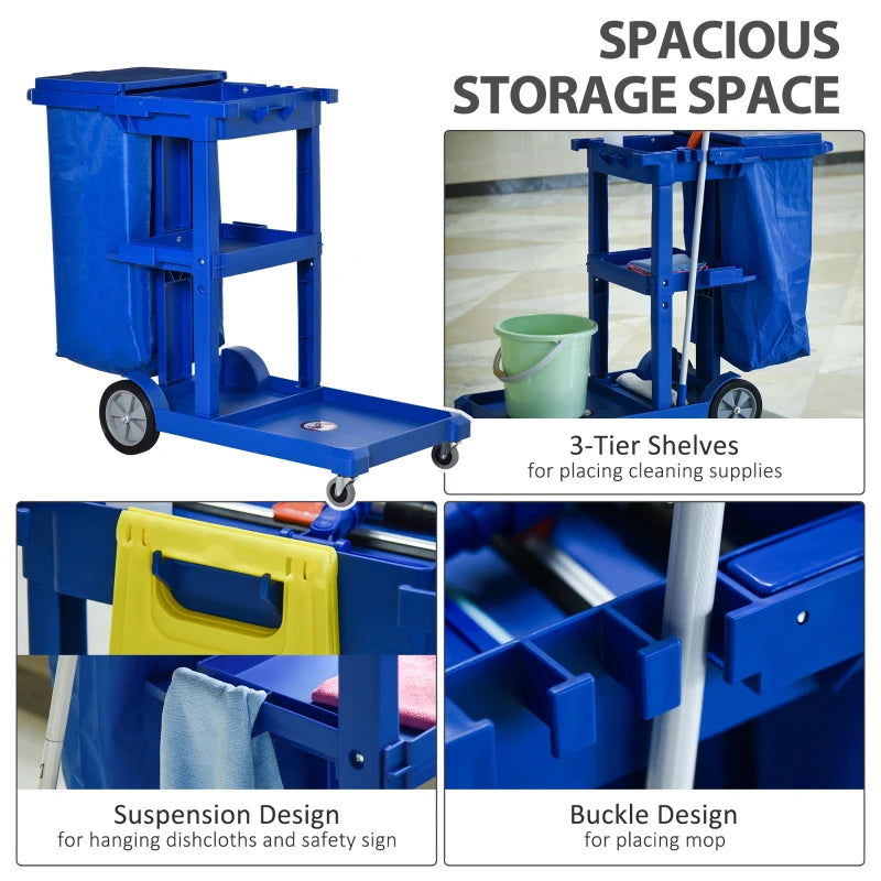 Blue Janitor Cleaning Trolley with Bin, Shelves & Hooks - Heavy-Duty Utility Cart for Efficient Cleaning Solutions