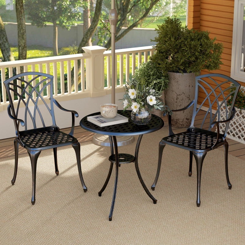 3 Pieces Bronze Tone Garden Dining Set for 2 - Cast Aluminium Outdoor Dining Set with 2 Armchairs and Round Table with Parasol Hole