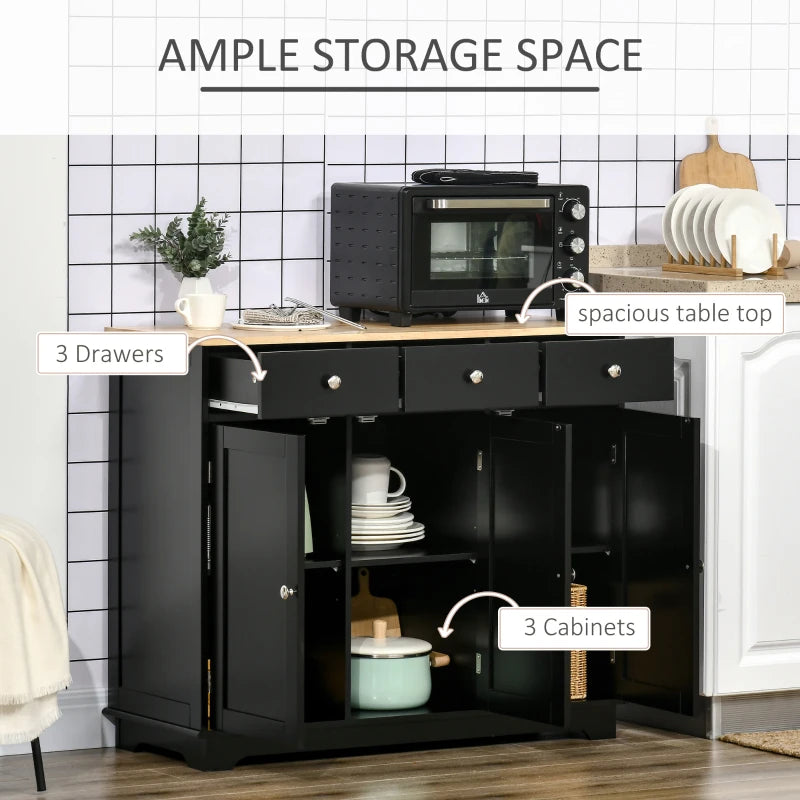 Elegant Black Sideboard with Rubberwood Top & Adjustable Shelves - Perfect for Dining Room & Kitchen Storage