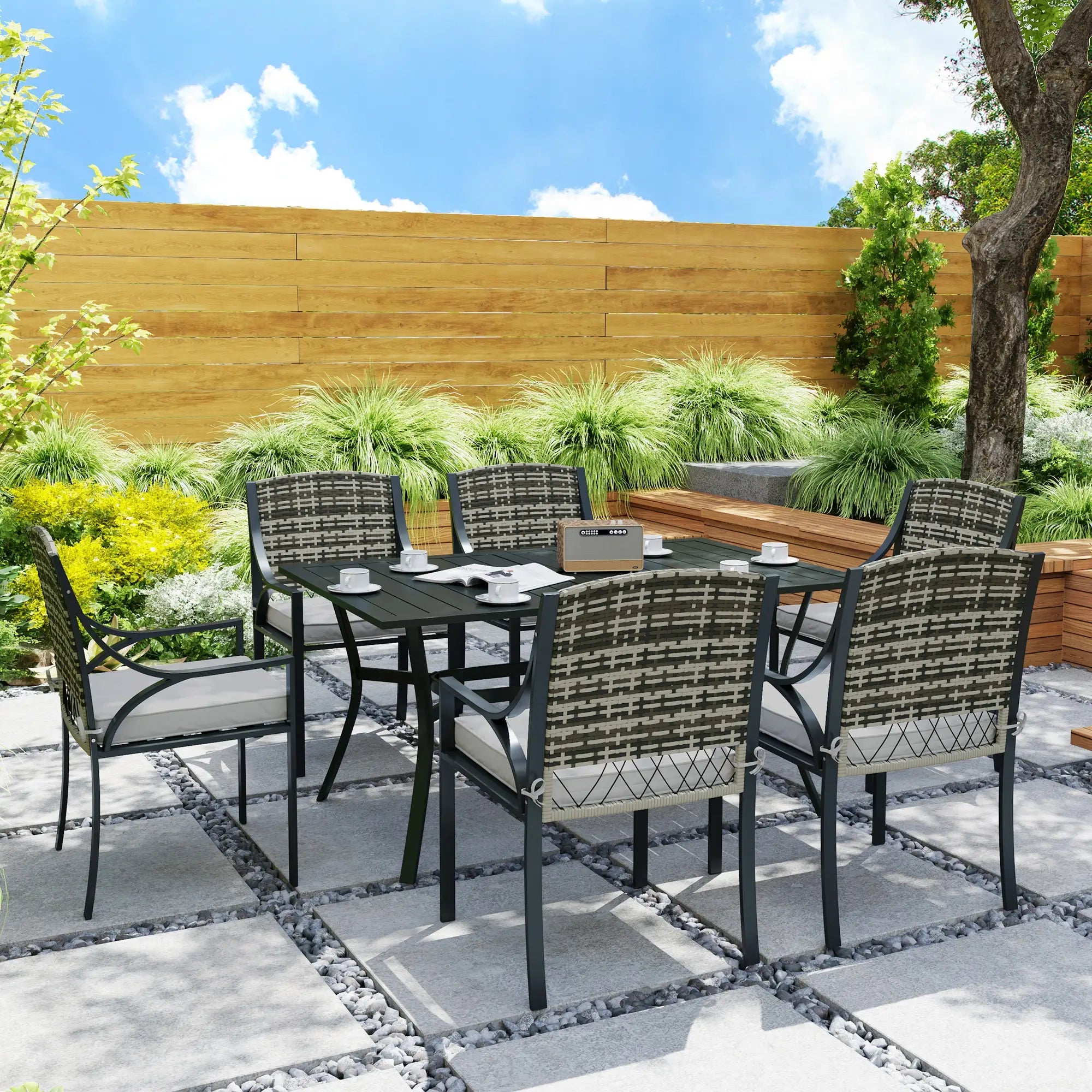 6 Seater Rattan Dining Set with 6 Armchairs, 150 x 96cm Rectangular Table, Umbrella Hole