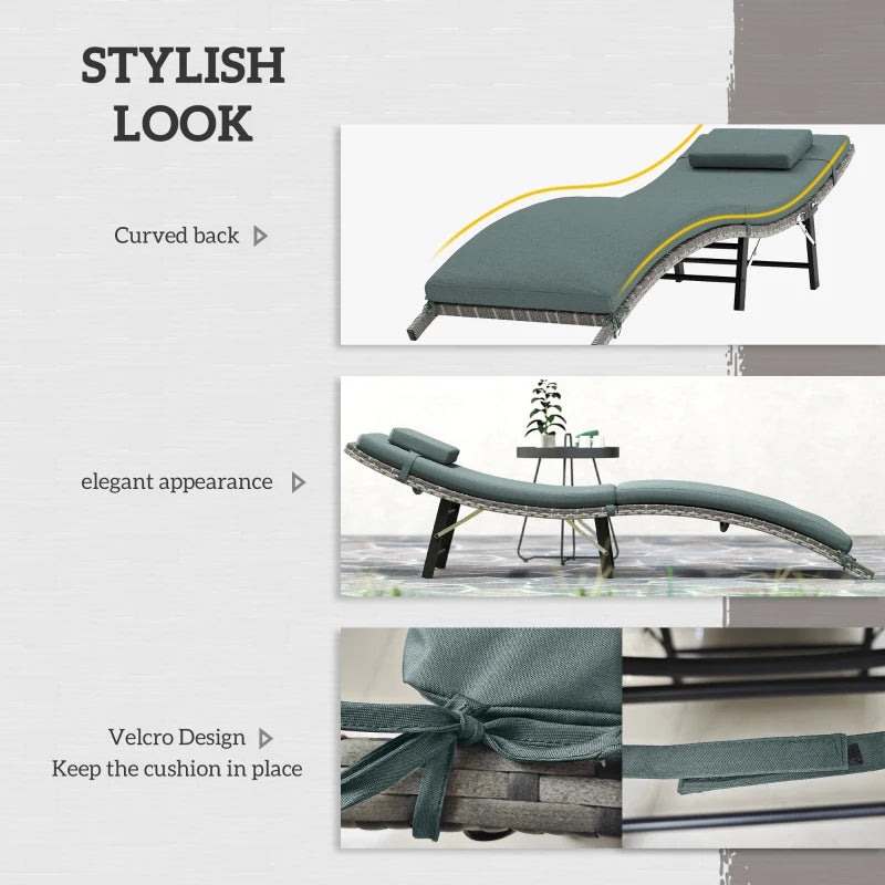 Rattan Folding Sun Lounger Outdoor Chair with Cushion and Pillow in Mixed Grey