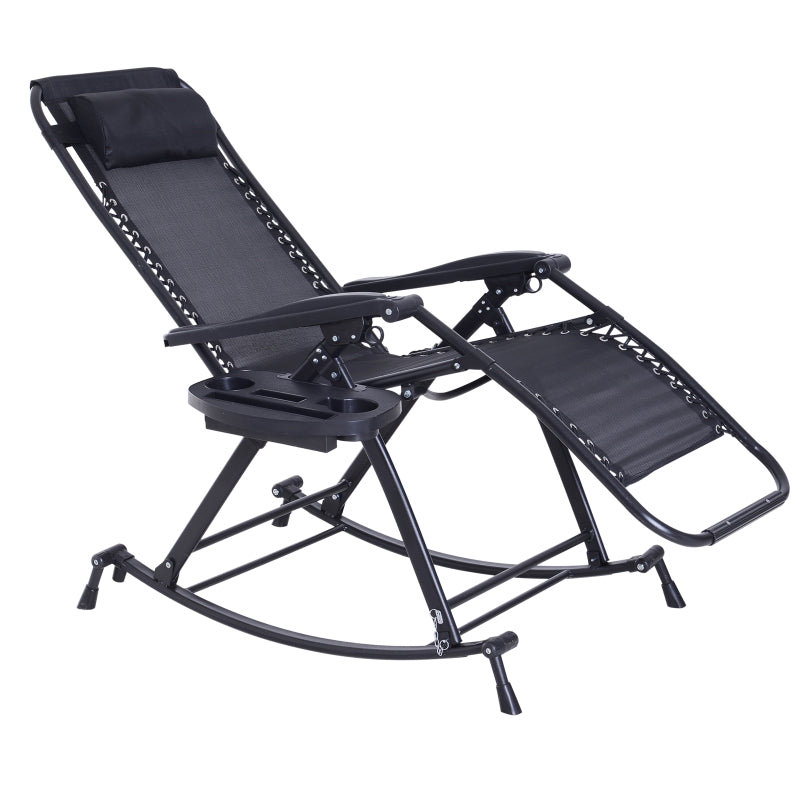 Black Foldable Outdoor Rocking Chair with Sun Lounger and Cup Holder