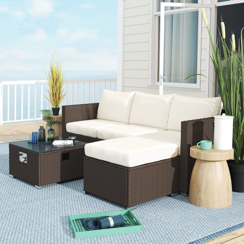 5-Piece Rattan Garden Furniture Set with Gas Fire Pit & Footstools - Brown & Cream