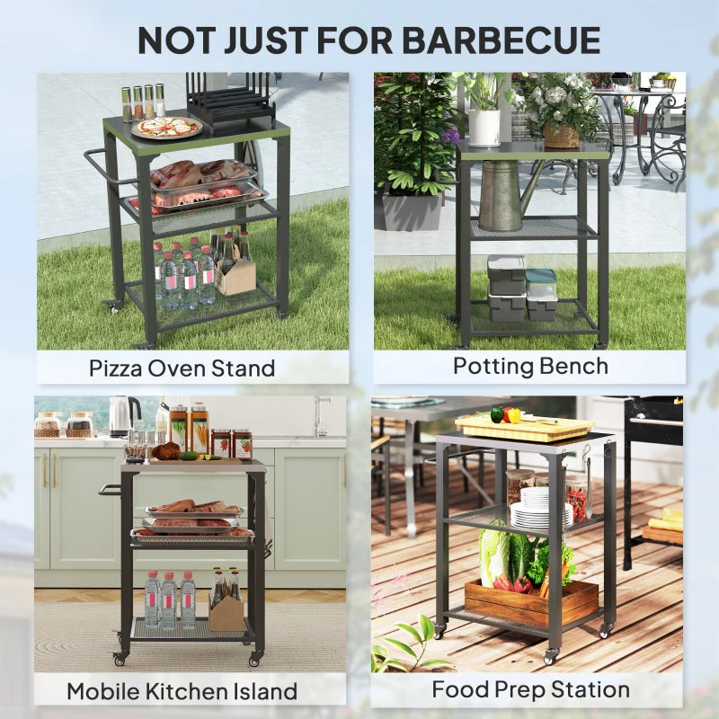 Three-Shelf Outdoor Grill Cart with Stainless Steel Top & Wheels - Movable BBQ Kitchen Island with Hooks, 65.5x41x79 cm