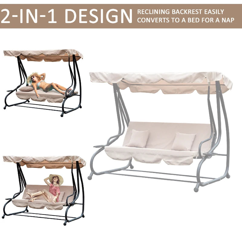 Beige Water-Resistant 3-Seater Swing Chair with Cup Holder