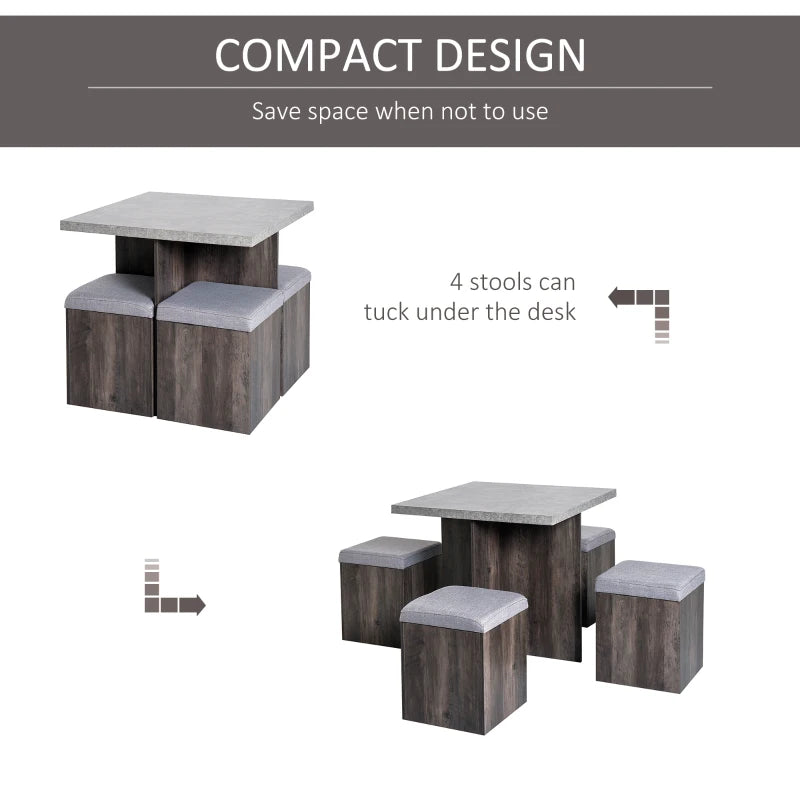5PC Wooden Dining Set for Garden & Patio - Space Saving Design with 4 Storage Stools, Footrest Ottoman & Cushions