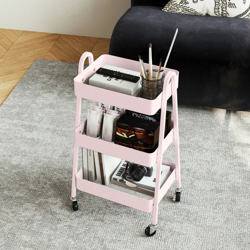 Pink Three-Tier Storage Trolley - Stylish Rolling Cart for Organizing Home, Office, or Kitchen - Versatile and Functional Design