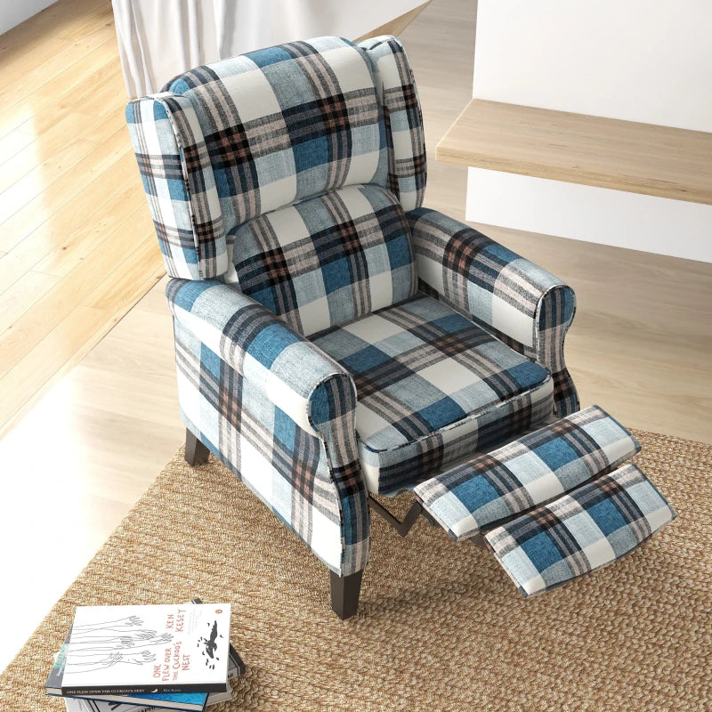 Wingback Reclining Chair with Footrest and Armrests for Living Room or Bedroom, Blue Fabric, Wooden Legs