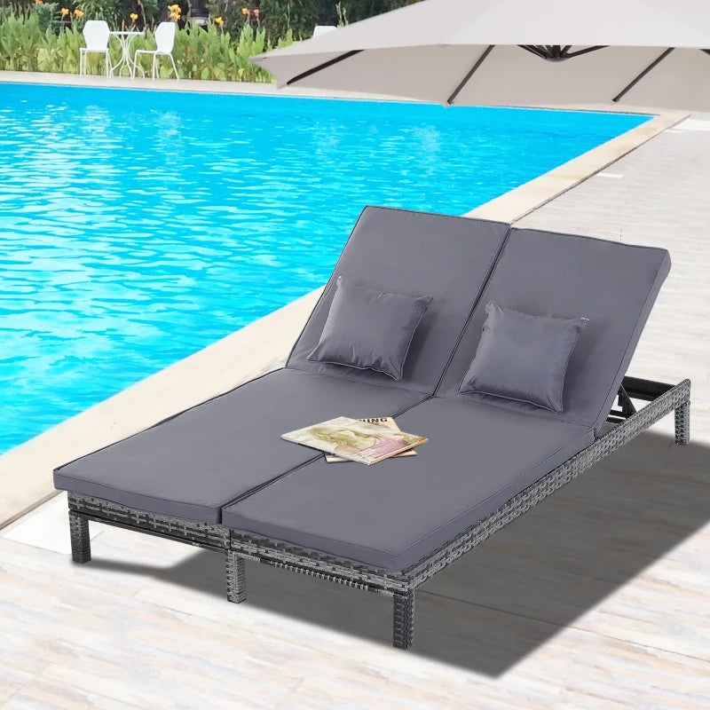 Grey Rattan Double Chaise Lounger with Cushion