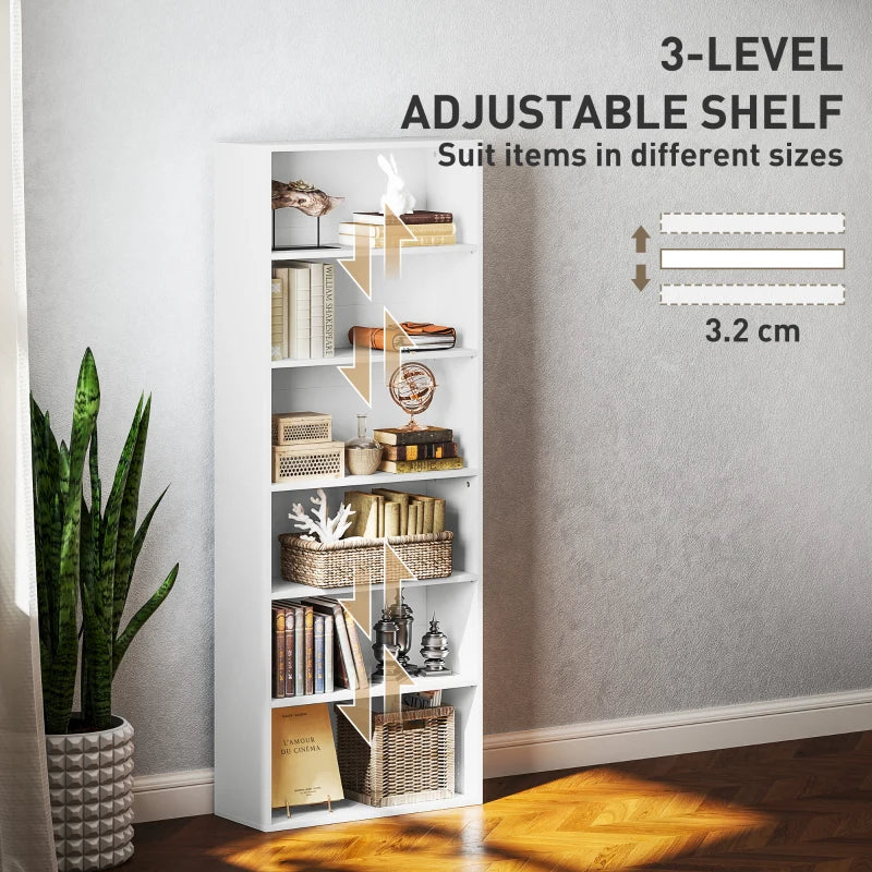 Modern White Six Shelf Bookcase - Stylish Storage Solution for Home or Office, Perfect for Organizing Books and Decor