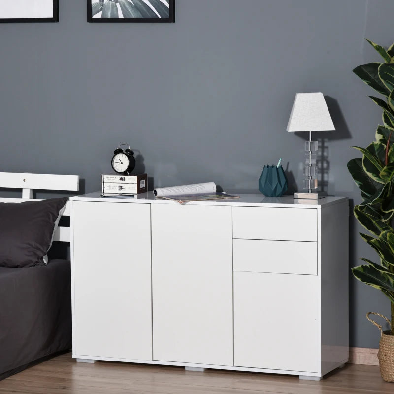 High Gloss White Side Cabinet with Push-Open Design, 2 Drawers & 2 Cabinets, 74H x 117W x 36Dcm for Living Room
