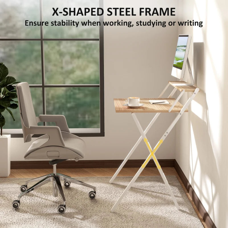 70 cm Folding Computer Desk with Monitor Shelf - Stylish Natural Wood Finish for Home Office & Study