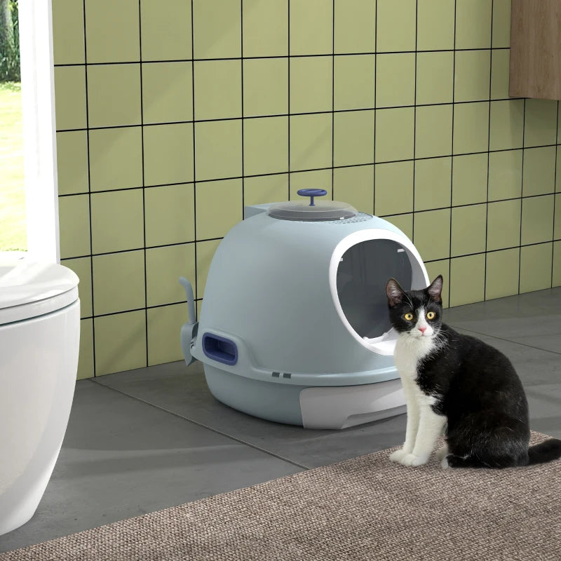 Blue Enclosed Cat Litter Box with Drawer & Scoop - Front Entry, Top Exit, Easy to Clean
