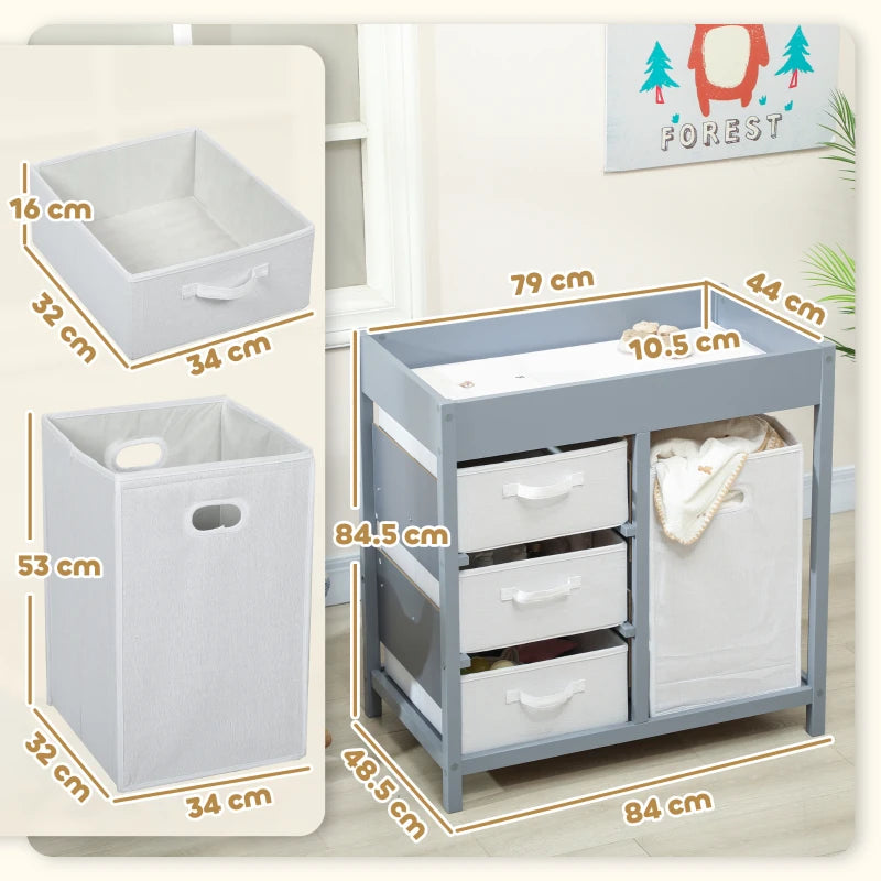 Baby Changing Unit with 4 Storage Drawers and Mat for Nursery Bedroom Grey 84 x 84.5 cm
