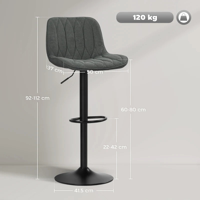 Set of 2 Charcoal Grey Linen-Look Bar Stools - Stylish & Comfortable Seating for Kitchen or Home Bar