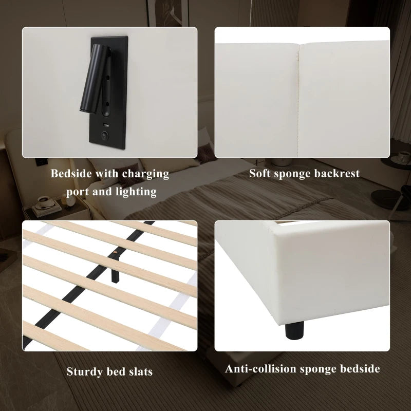 Upholstered Double Bed with Charging Port & Lighting, Impact-Resistant Headboard, 209x221x86.5 cm, Beige - Modern Bedroom Furniture