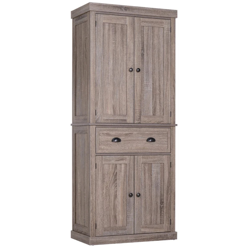 Freestanding 184cm Tall Kitchen Cupboard - Traditional Colonial 4-Door Pantry Storage Cabinet with Drawer, Dark Wood Grain Finish