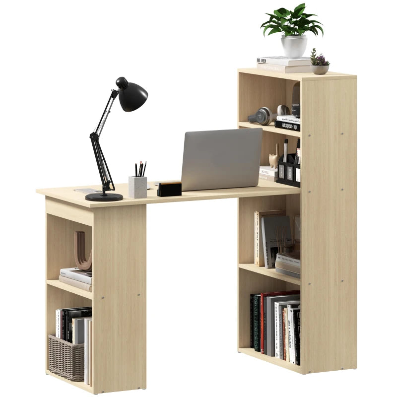 120cm Wooden Computer Desk with 6-Tier Bookshelves - Home Office Laptop Table, Study Writing Workstation in Natural Wood
