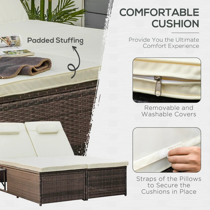 Double Rattan Sun Lounger Recliner Day Bed - Cream