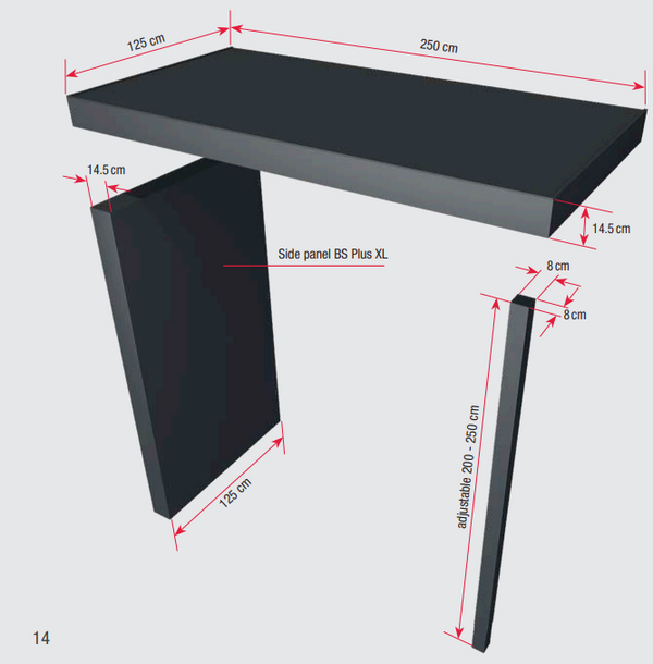 BS250PLUS (125cm projection) Aluminium Canopy with Post, Side Panel + LED light - 250x125cm - RAL 7016 Anthracite Grey
