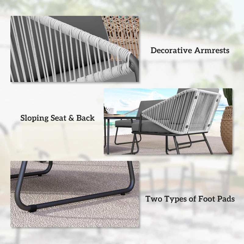 4 Piece Grey Rattan Garden Furniture Set - Wicker Patio Outdoor Loveseat, Armchairs, Glass Top Coffee Table with Cushions for Patio, Conservatory, Balcony